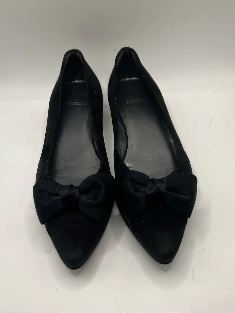 Stuart Weitzman Black Suede Pointed Toe Flats with Bow